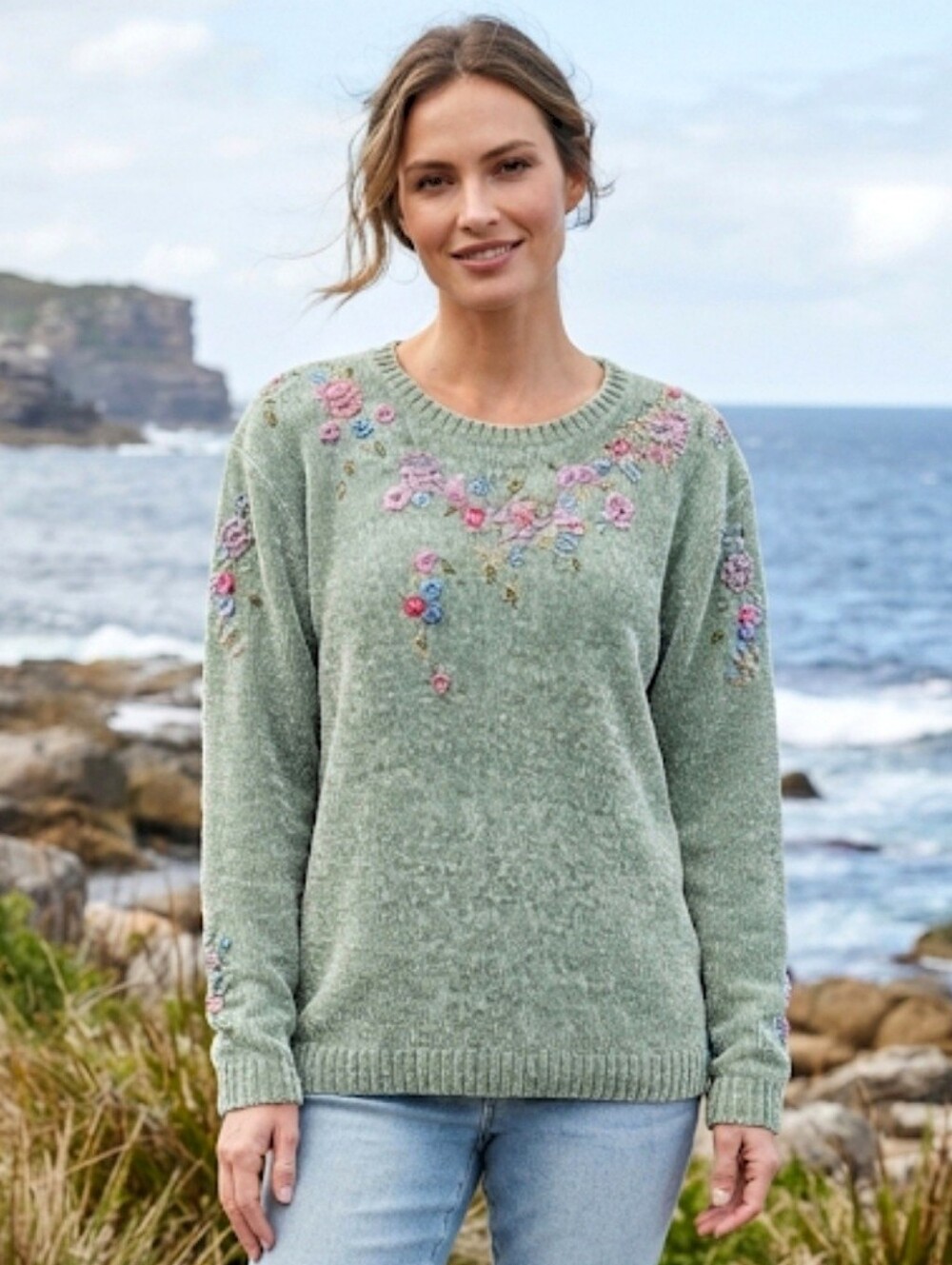 Alfred Dunner Vintage Floral Embroidered Beaded Sage Green Chenille Sweater XL